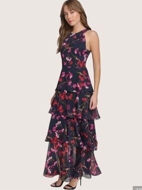 Tommy Hilfiger Women
Size 12 NEW Floral Halter Maxi Dress Navy Chiffon Tiered